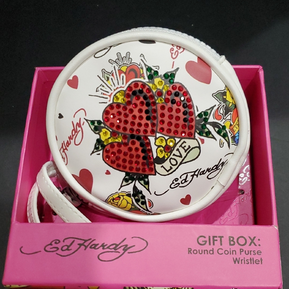 Ed Hardy round white red ruby cz rhinestone studded coin purse wristlet new